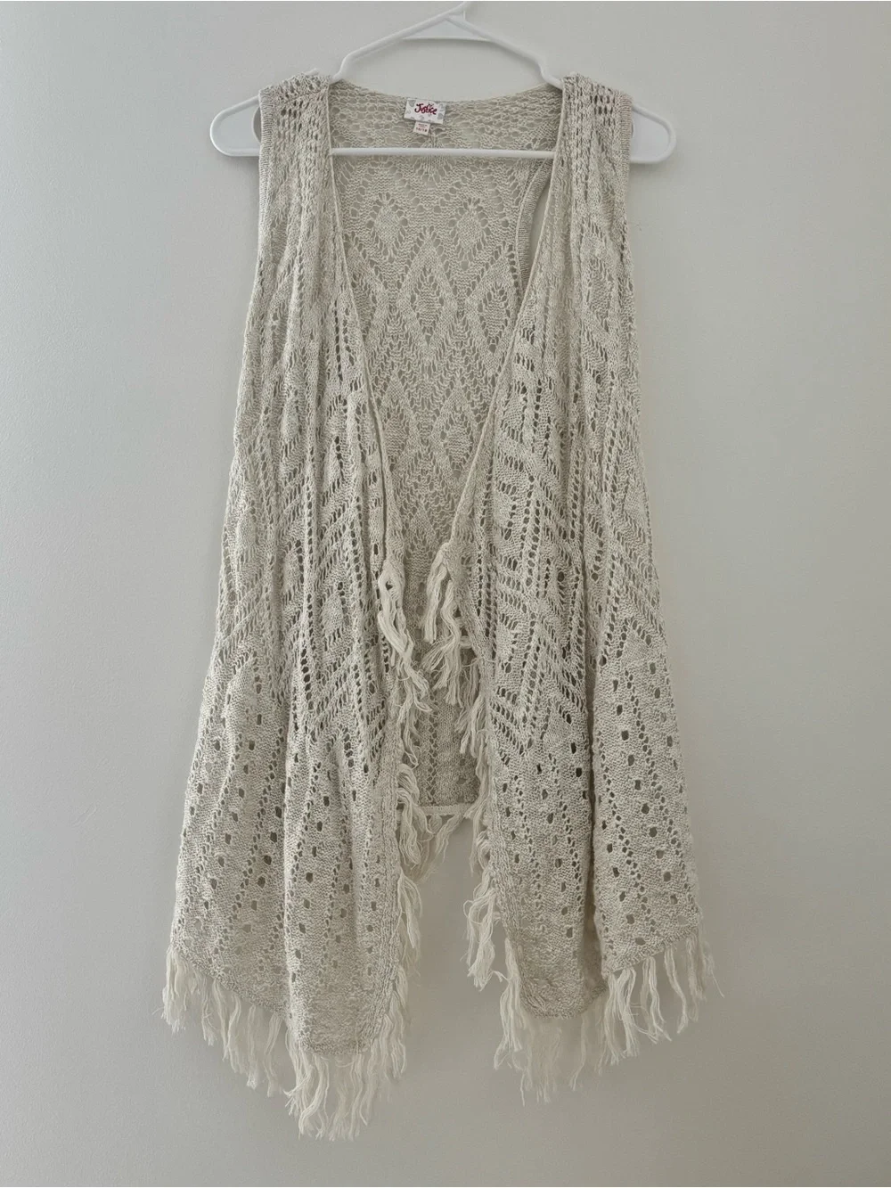 Justice Cream crochet vest with fringe trim
